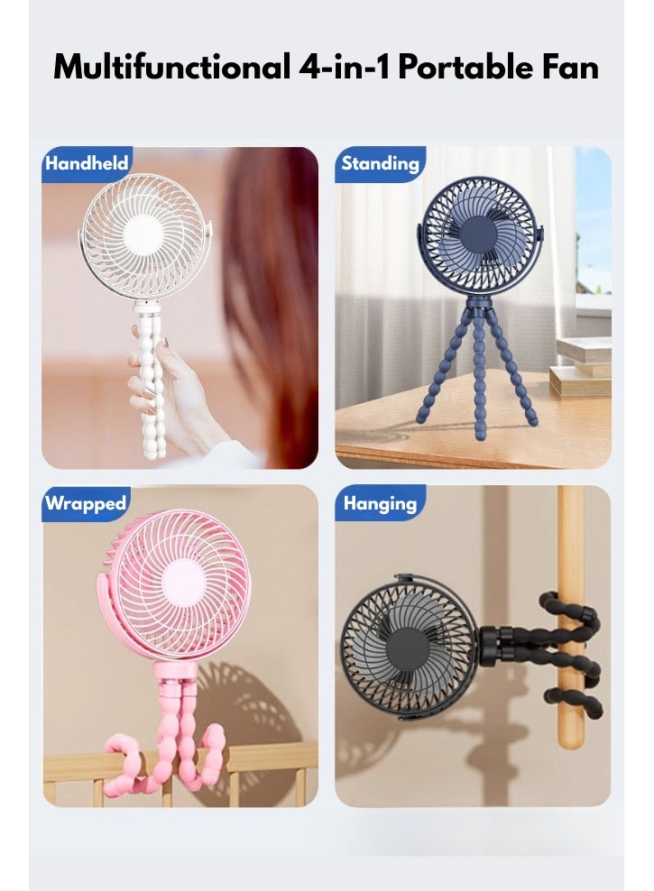 ترتيس تورتيس مروحة عربة أطفال محمولة قابلة لإعادة الشحن 8000 مللي أمبير – دوران 360° و3 سرعات هادئة مع قاعدة مرنة للاستخدام على العربة والمكتب والسفر - Image 5