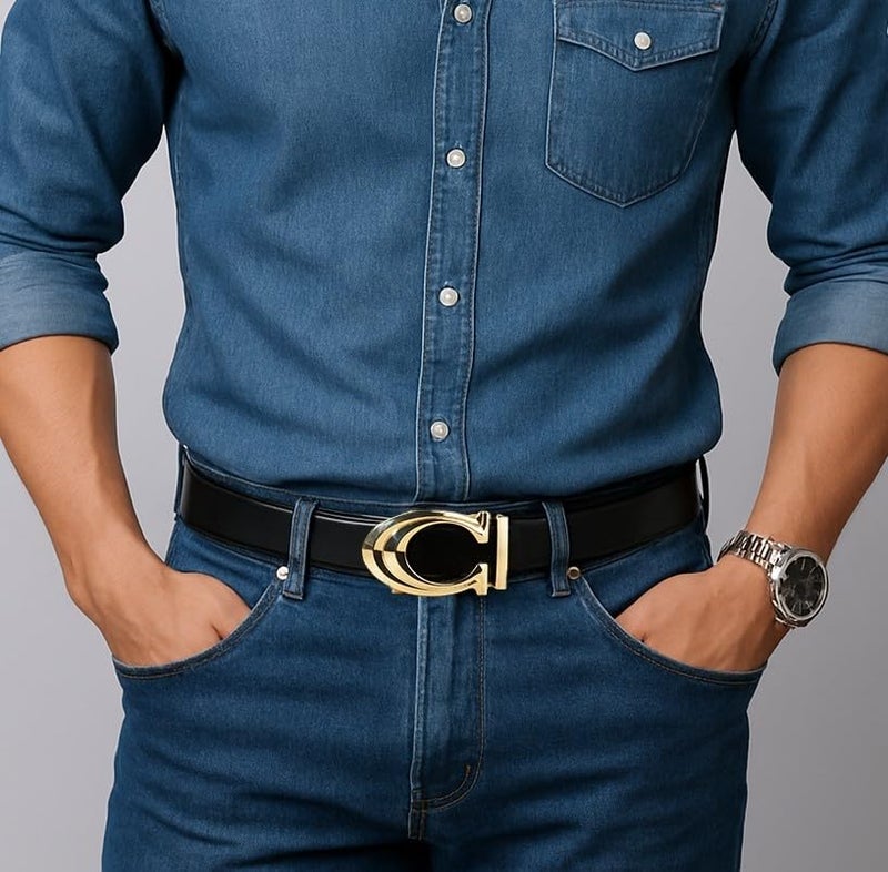 CONTACTS حزام جلد طبيعي للرجال من كونتاكتس مع مشبك قفل تلقائي قابل للتعديل بسهولة - حزام قابل للتعديل الدقيق يناسب كل مكان | رسمي وغير رسمي | علبة هدية - Image 5