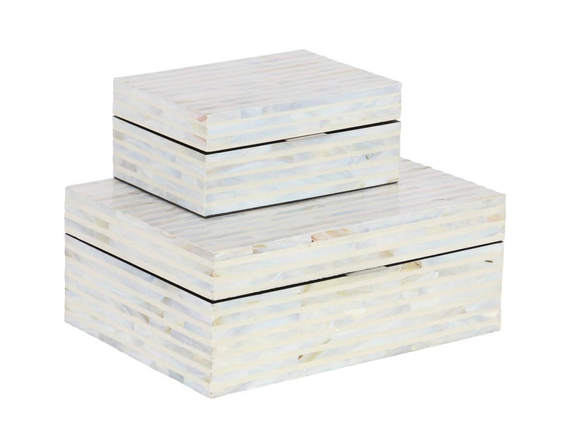 Deco 79 Mother of Pearl Shell Handmade Decorative Box Decorative Keepsake Boxes with Linear Mosaic Pattern and Hinged Lid Set of 2 Storage Boxes 12 8W White - Image 1