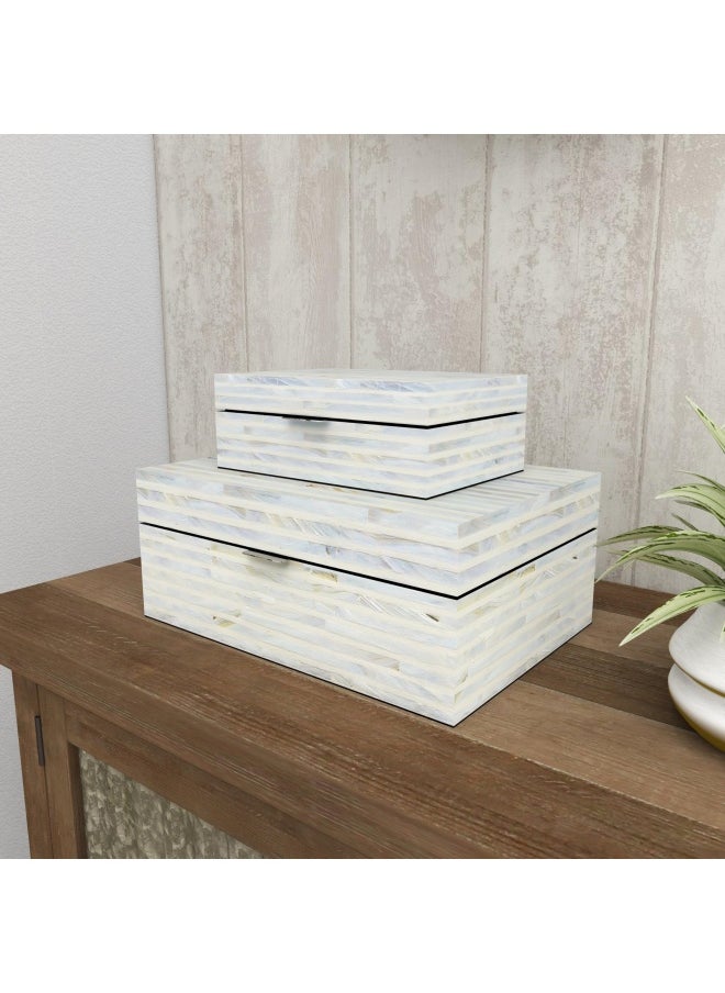 Deco 79 - Mother Of Pearl Shell Handmade Decorative Box Decorative Keepsake Boxes With Linear Mosaic Pattern And Hinged Lid Set Of 2 Storage Boxes 12 8 W White - Image 1