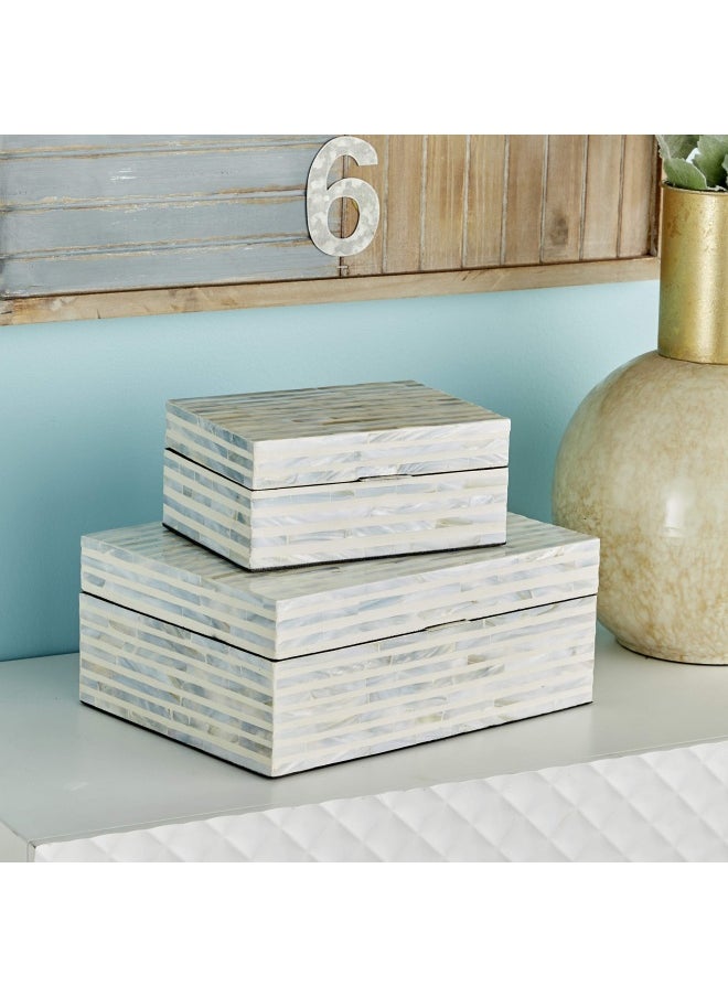Deco 79 - Mother Of Pearl Shell Handmade Decorative Box Decorative Keepsake Boxes With Linear Mosaic Pattern And Hinged Lid Set Of 2 Storage Boxes 12 8 W White - Image 1