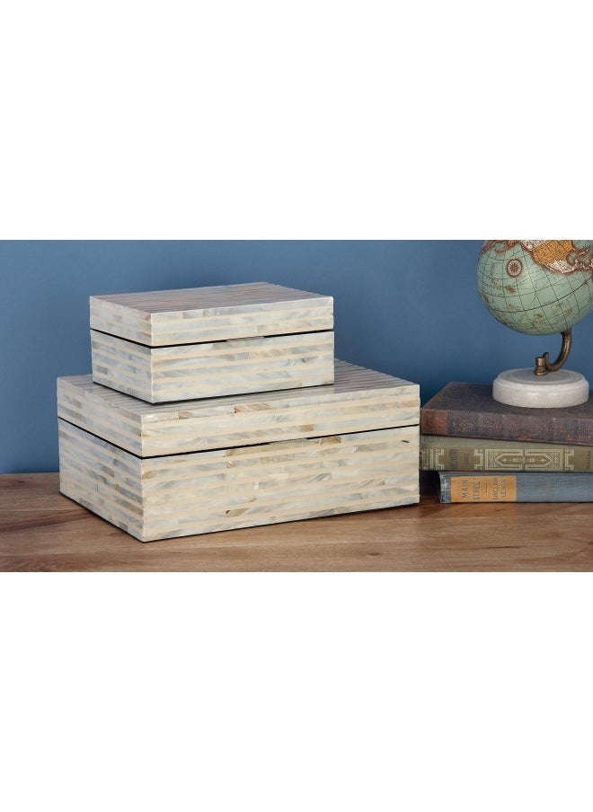 Deco 79 - Mother Of Pearl Shell Handmade Decorative Box Decorative Keepsake Boxes With Linear Mosaic Pattern And Hinged Lid Set Of 2 Storage Boxes 12 8 W White - Image 1