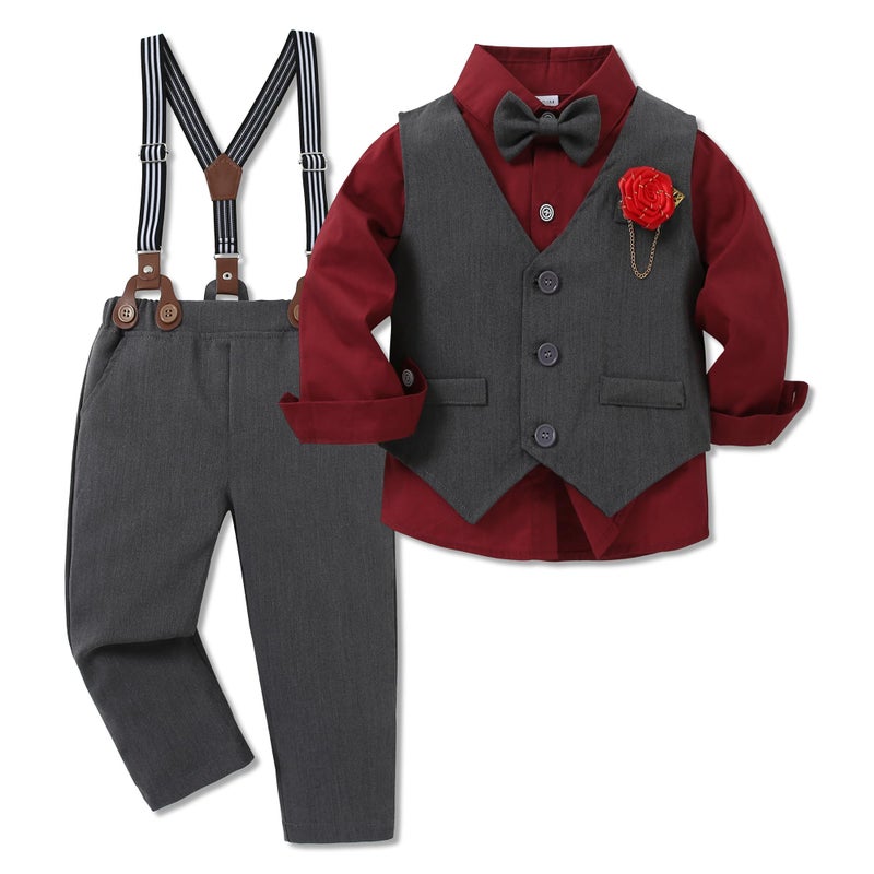 WESIDOM Toddler Boy Outfits Suit, Formal Dress Shirt+Bowtie+Vest+Boutonniere+Suspender Pants Boys Gentleman Clothes Set(Wine Red+4-5T) - Image 1