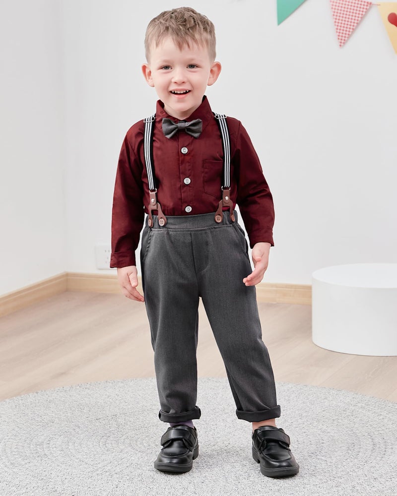 WESIDOM Toddler Boy Outfits Suit, Formal Dress Shirt+Bowtie+Vest+Boutonniere+Suspender Pants Boys Gentleman Clothes Set(Wine Red+4-5T) - Image 3