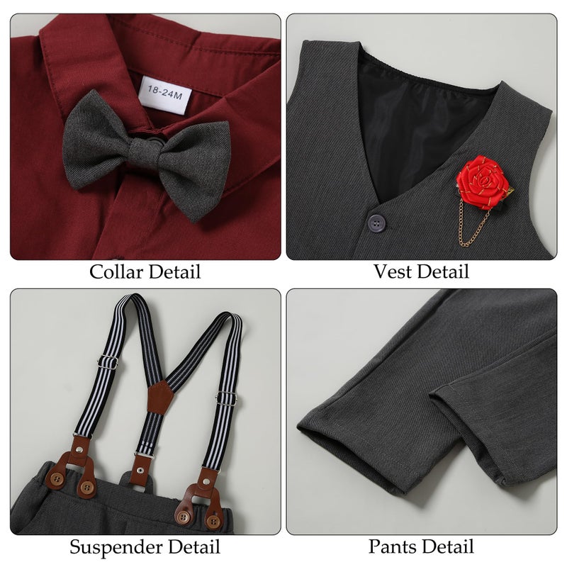 WESIDOM Toddler Boy Outfits Suit, Formal Dress Shirt+Bowtie+Vest+Boutonniere+Suspender Pants Boys Gentleman Clothes Set(Wine Red+4-5T) - Image 5