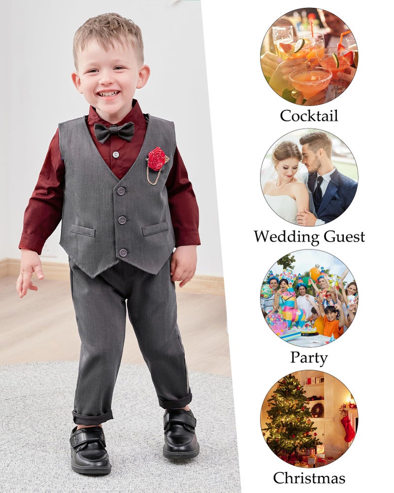 WESIDOM Toddler Boy Outfits Suit, Formal Dress Shirt+Bowtie+Vest+Boutonniere+Suspender Pants Boys Gentleman Clothes Set(Wine Red+4-5T) - Image 2
