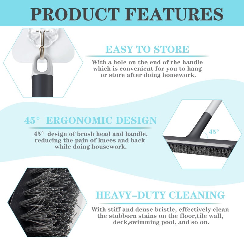 AONEZ Floor Scrub Brush with Long Handle - Adjustable Handle 2 in 1 Scrape and Heavy-Duty Stiff Bristle Floor Scrubber Brush for Cleaning Bathroom, Kitchen Patio Tile Garage and Deck - Image 4