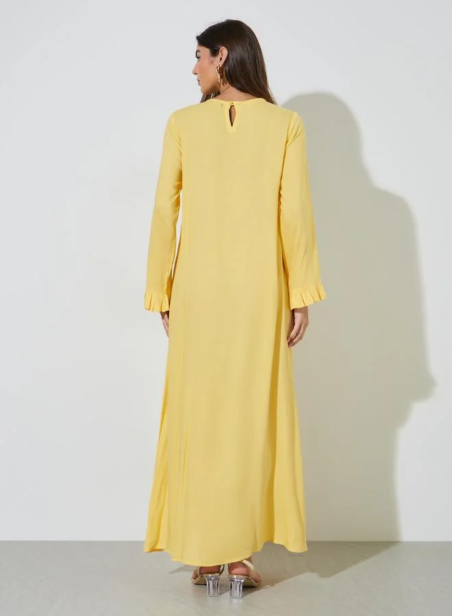 Amirah  Yellow Floral Embroidery Ruffled Long Sleeves Maxi Jalabiya for Women | Best Price UAE