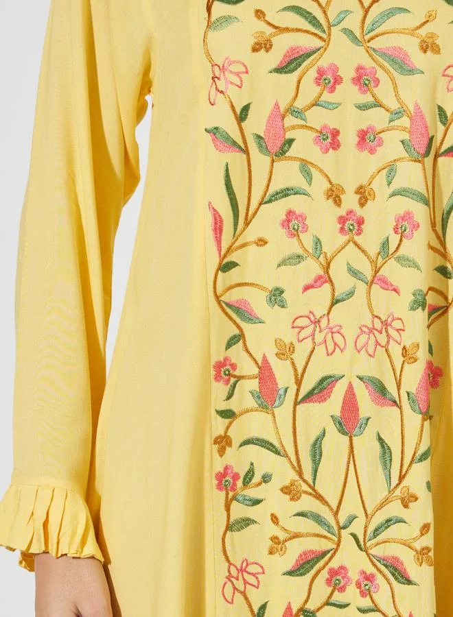 Amirah  Yellow Floral Embroidery Ruffled Long Sleeves Maxi Jalabiya for Women | Best Price UAE