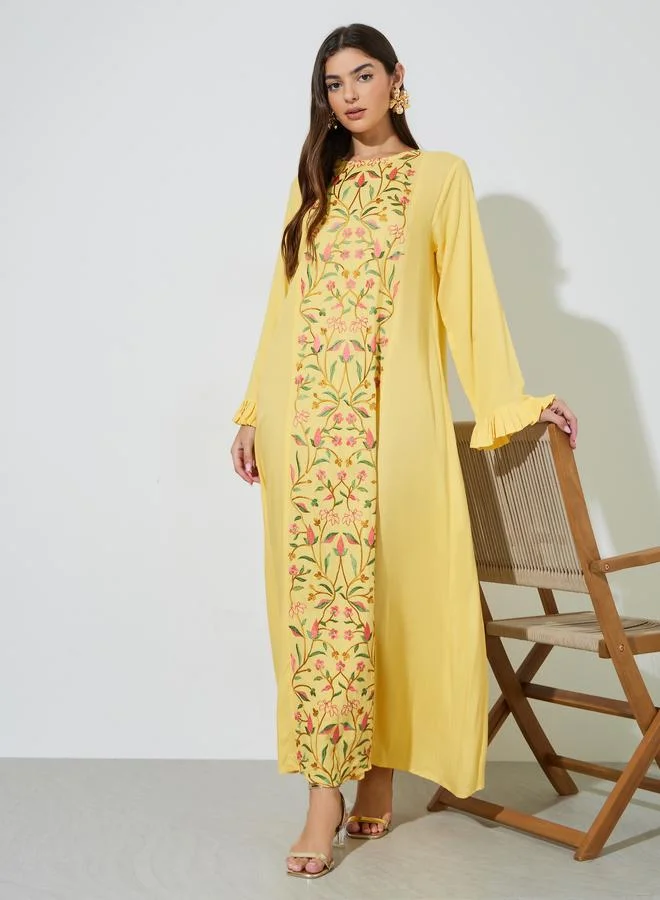 Yellow Floral Embroidery Ruffled Long Sleeves Maxi Jalabiya