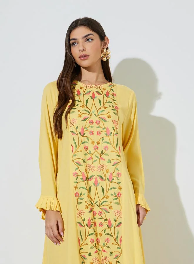Amirah  Yellow Floral Embroidery Ruffled Long Sleeves Maxi Jalabiya for Women | Best Price UAE