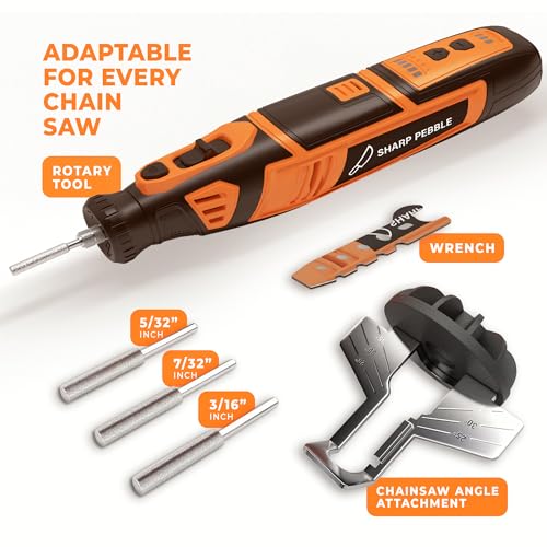 Sharp Pebble Electric Cordless Chainsaw Sharpener Kit - Comes with Chain Saw Sharpener Tool, 4 File Size Sharpening Wheels, Angle Attachment, Wrench & eBook - Image 2