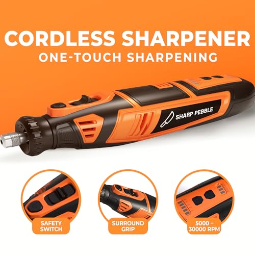 Sharp Pebble Electric Cordless Chainsaw Sharpener Kit - Comes with Chain Saw Sharpener Tool, 4 File Size Sharpening Wheels, Angle Attachment, Wrench & eBook - Image 3