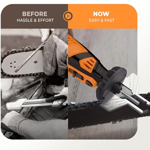 Sharp Pebble Electric Cordless Chainsaw Sharpener Kit - Comes with Chain Saw Sharpener Tool, 4 File Size Sharpening Wheels, Angle Attachment, Wrench & eBook - Image 5