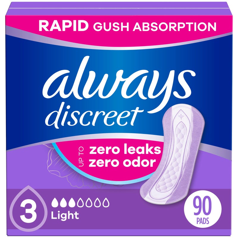Always Discreet Adult Incontinence Pads for Women, Light Absorbency, Regular Length, Postpartum Pads, 30 Count (3 Packs of 30) - Image 1
