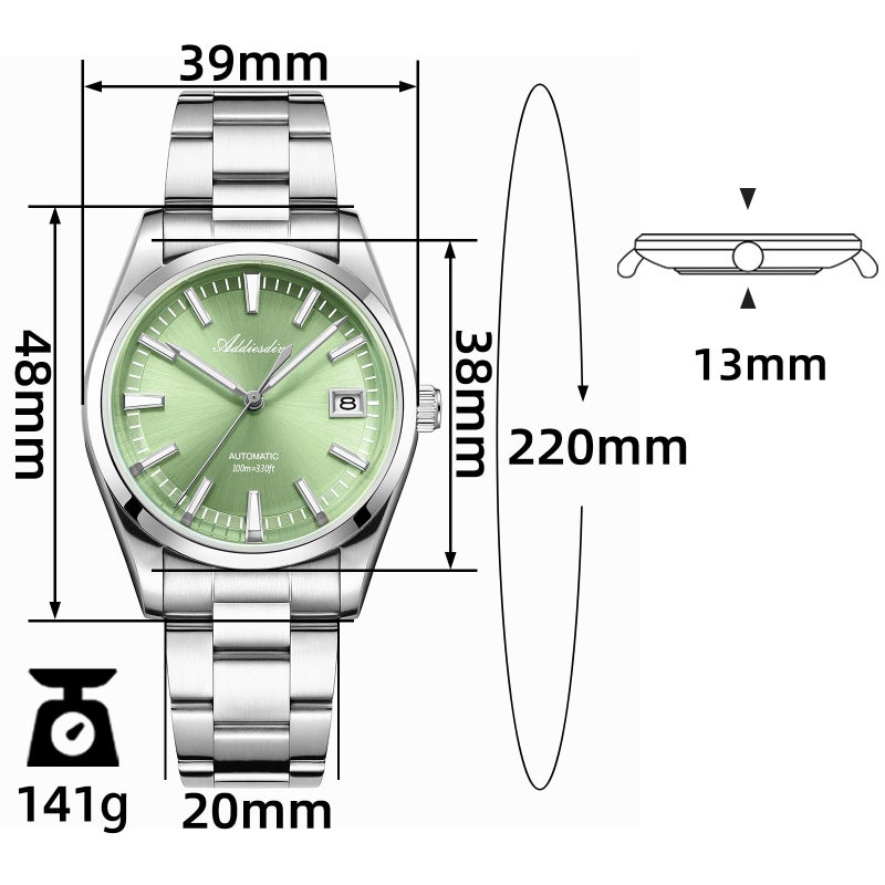 ADDIESDIVE Automatic Watches for Men NH35A Japanese Movement Self-Winding Dress Watch 100 M Water Resistant Green Dial - Image 2