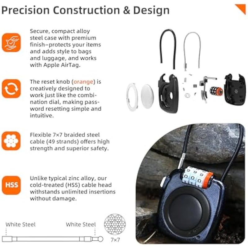 【معتمد من ابل】 بطاقة تتبع اي او اس مع قفل برمز، متوافق مع ابل فايند ماي ايرتاج، قفل الامتعة لحقيبة الظهر والشنطة وشنطة السفر (اسود + جهاز تتبع اسود) - Image 3