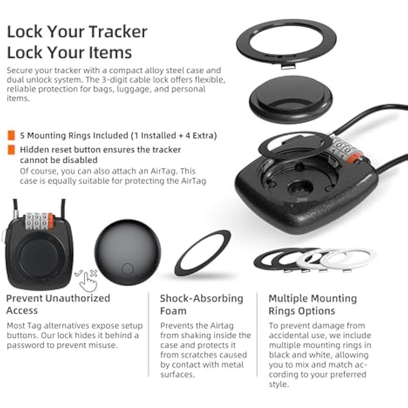 【معتمد من ابل】 بطاقة تتبع اي او اس مع قفل برمز، متوافق مع ابل فايند ماي ايرتاج، قفل الامتعة لحقيبة الظهر والشنطة وشنطة السفر (اسود + جهاز تتبع اسود) - Image 2