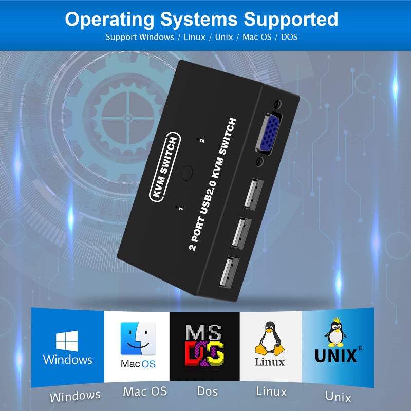 DGODRT مفتاح KVM USB VGA لمشاركة 2 جهاز كمبيوتر مع 1 شاشة فيديو و 3 أجهزة USB، لوحة مفاتيح، ماوس، ماسح ضوئي، طابعة، لجهاز الكمبيوتر المحمول، نظام ويندوز وماك أو إس - Image 4