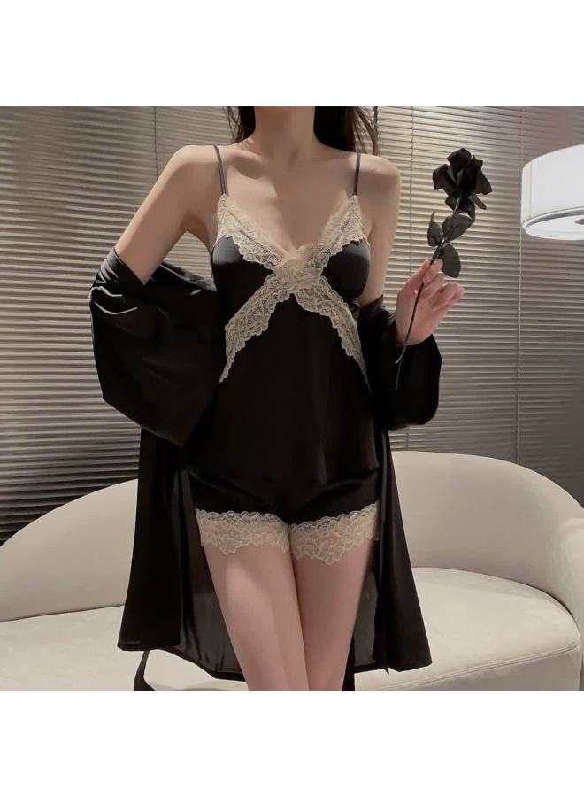 Madallo Modaier Valentine's Day Sleepwear For Women, Cool Ice Silk Lace Camisole Three-piece Set With Built-in Bra Pads, Women's Loungewear - Image 1
