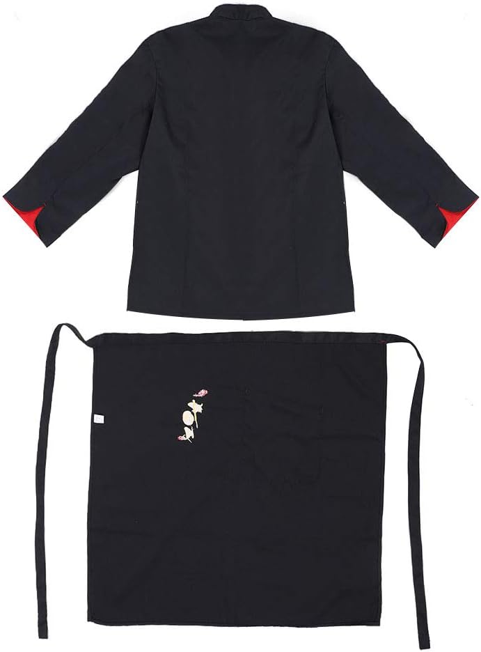 2Pcs Vintage Unisex Chef Uniform Set, Long Sleeve Chef Coat with Apron, Stand - Up Collar Retro Toggle Button, Wicking Shoulder Strip for Men and Women (L:165-175) - Image 5