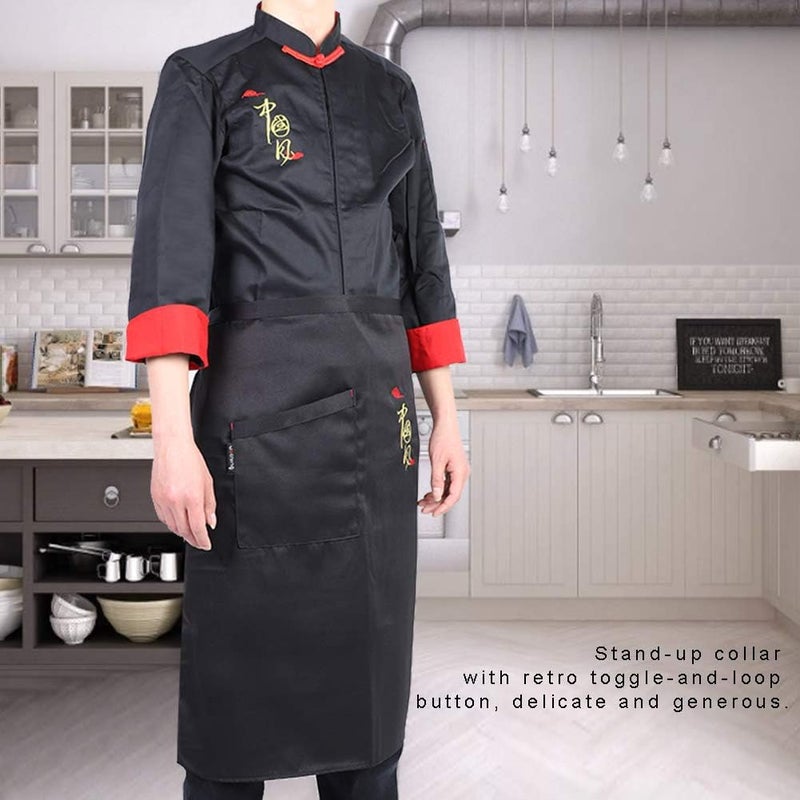 2Pcs Vintage Unisex Chef Uniform Set, Long Sleeve Chef Coat with Apron, Stand - Up Collar Retro Toggle Button, Wicking Shoulder Strip for Men and Women (L:165-175) - Image 3