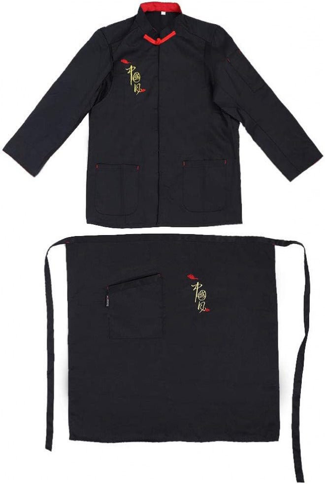2Pcs Vintage Unisex Chef Uniform Set, Long Sleeve Chef Coat with Apron, Stand - Up Collar Retro Toggle Button, Wicking Shoulder Strip for Men and Women (L:165-175) - Image 1