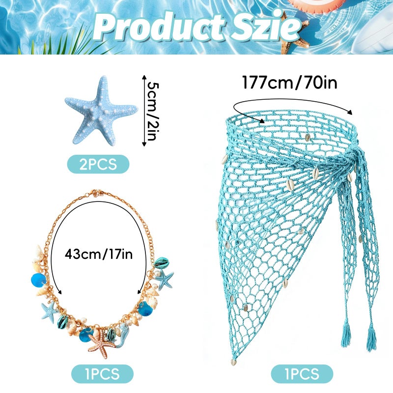 Gullora 4 Pieces Mermaid Costume Accessories for Women, Beach Crochet Fishnet Skirt Sarong, Shell Necklace, and Starfish Hair Clips for Swimsuit Cover Up, Summer Luau Party, Cosplay, Halloween, One Size Blue - Image 2