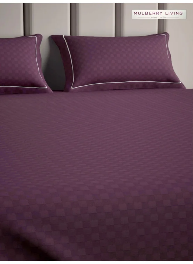 MULBERRY LIVING 100% Cotton - 300Tc Urban Grid Queen Size (250X260 Cms) Flat Bedsheet With 2 Pillow Covers (50X75 Cm) - Plum