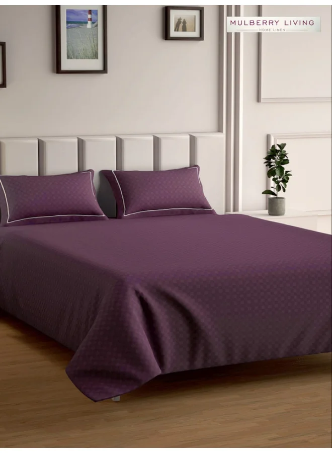 MULBERRY LIVING 100% Cotton - 300Tc Urban Grid Queen Size (250X260 Cms) Flat Bedsheet With 2 Pillow Covers (50X75 Cm) - Plum