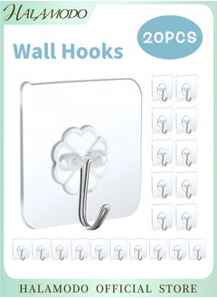 HALAMODO 20-Piece Heavy Duty Self Adhesive Wall Hooks Transparent No Drill Hooks for Hanging Waterproof Oilproof Reusable Sticky Hooks for Bathroom Kitchen Office and Home Organization  - Image 1