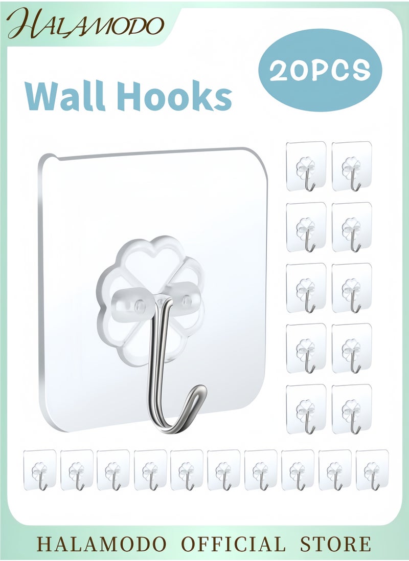 Generic 20-Piece Heavy Duty Self Adhesive Wall Hooks Transparent No Drill Hooks for Hanging Waterproof Oilproof Reusable Sticky Hooks for Bathroom Kitchen Office and Home Organization  - Image 1