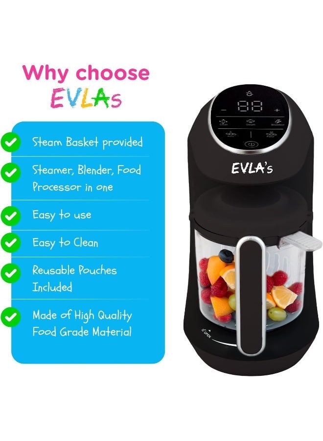 إيفليز صانع طعام الأطفال من EVLA | خلاط ومطحنة بخار لطعام الأطفال | يطبخ ويخلط طعام الأطفال الصحي محلي الصنع في دقائق | تنظيف ذاتي | تحكم بشاشة لمس | 6 أكياس طعام قابلة لإعادة الاستخدام (رمادي داكن) - Image 2