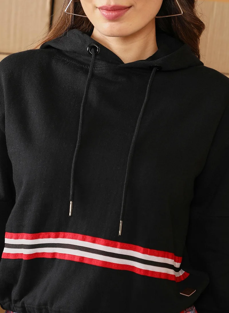 Campus Sutra Women's Onyx Black Striped Cinched Hoodie
