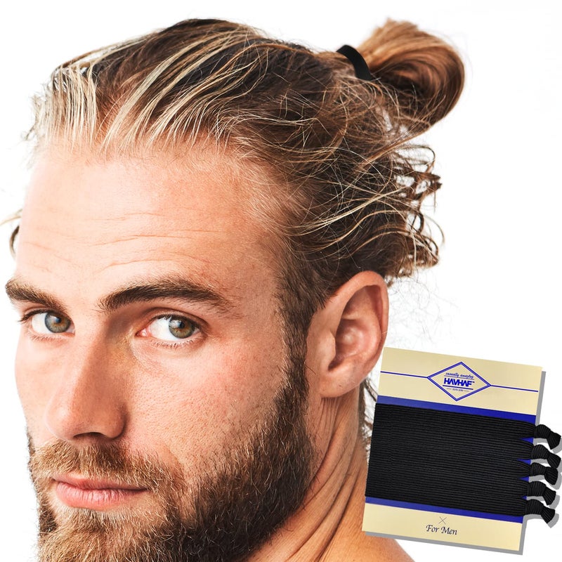 HAVHAF Knotted Hair Ties for Men 5 Pcs (Wide, Black) - No Damage Crease Breakage for Long Hair | Buns Curly Thick Elastic Hair Ties for Guys | Perfect Hairtie - Image 1