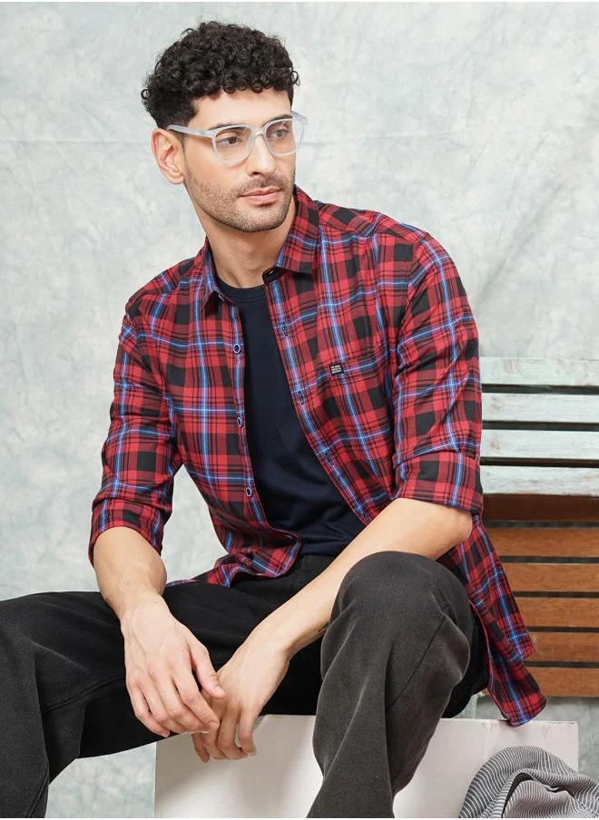The Indian Garage Co Men Regular Fit Checkered Full Sleeves Cutaway Collar Casual Shirt