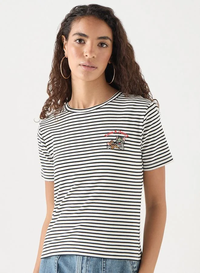 SP Characters Striped T-shirt with Crew Neck and Short Sleeves