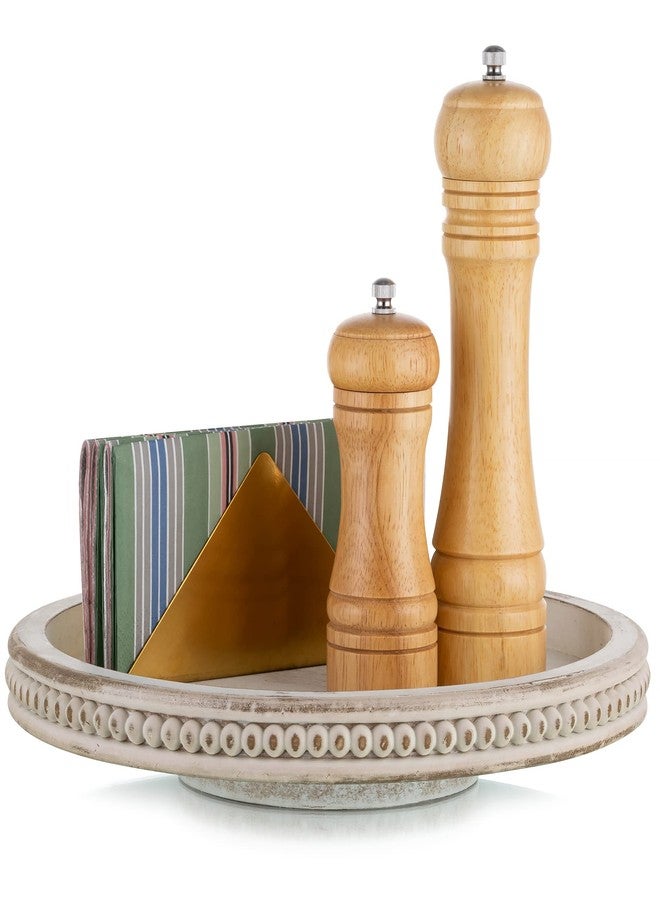Hanobe Lazy Susan Organizer Wooden Turntable: Hanobe White Round Wood Trays 12" for Decorative Kitchen Counter Coffee Table Home Decor with Beaded Spice Spinner - Image 1