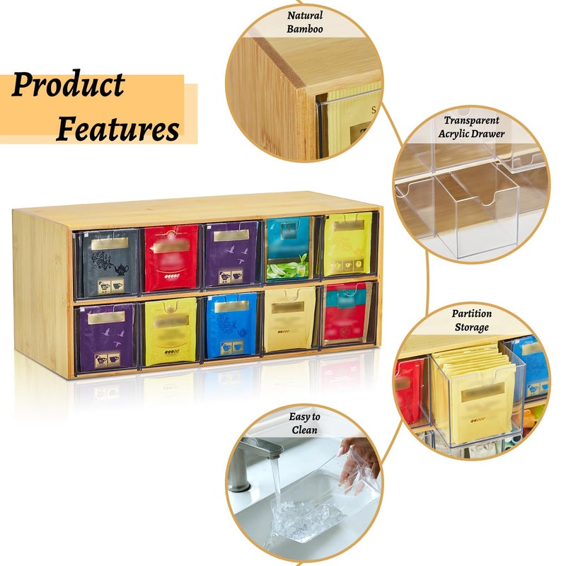 TIMIEEYA Tea Bag Organizer - Bamboo Tea Storage Organizer With Drawer 2 Layer, Tea Organizer for Tea Bags Natural Wood & Acrylic for Countertop Office Kitchen Cabinet Pantry - Image 2
