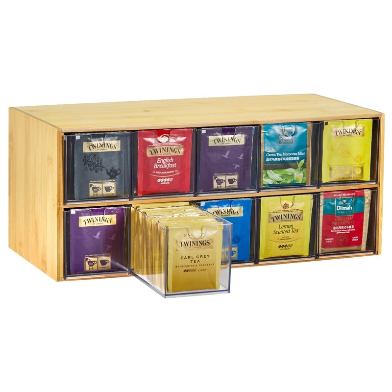 TIMIEEYA Tea Bag Organizer - Bamboo Tea Storage Organizer With Drawer 2 Layer, Tea Organizer for Tea Bags Natural Wood & Acrylic for Countertop Office Kitchen Cabinet Pantry - Image 1