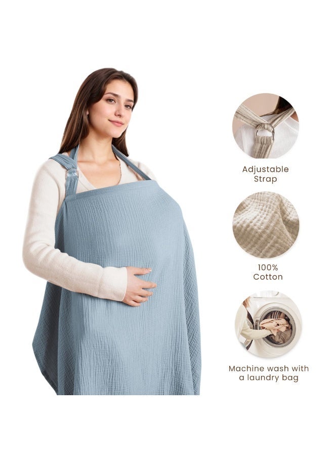 Konssy Muslin Nursing Cover for Baby Breastfeeding, Breathable 100% Cotton Breastfeeding Cover with Rigid Hoop for Mother Nursing Apron, Multi-use Carseat Canopy (Blue) - Image 3