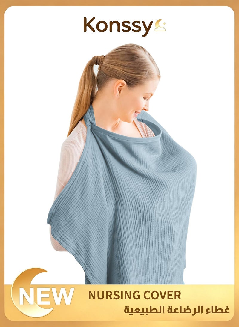 Konssy Muslin Nursing Cover for Baby Breastfeeding, Breathable 100% Cotton Breastfeeding Cover with Rigid Hoop for Mother Nursing Apron, Multi-use Carseat Canopy (Blue) - Image 1