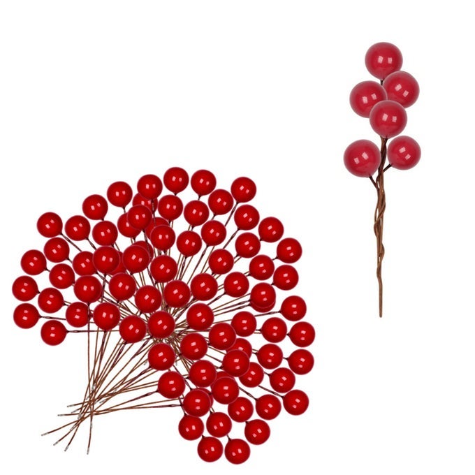 100pcs Christmas Artificial Red Holly Berries Red Berry Twig StemArtificial Red Berry Fruits Picks Berry Winter Berries Bunch for Christmas Wreath Making Xmas Tree Decorations Supplies