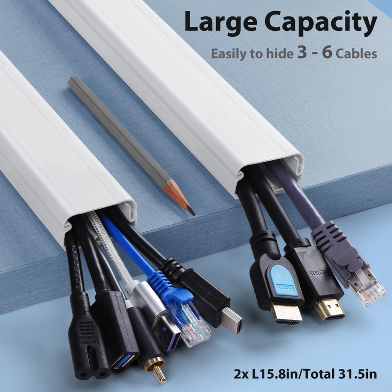 ZhiYo Cord Cover Wall 32in, TV Cord Hider for Wall Mounted TV, Large Cable Hider Kit for 3-6 Cords, Wire Management Raceway, White Wire Hider Concealer, 2 x L15.8in, W1.5in H0.75in - Image 2