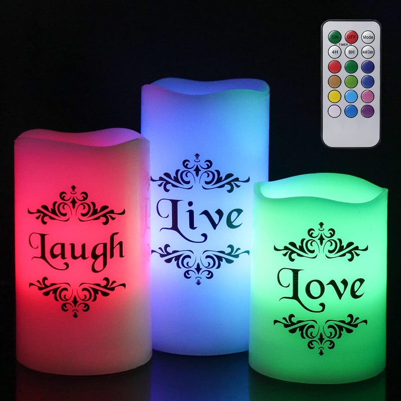 Eldnacele Color Changing Pillar Candles Battery Operated Flickering Flameless Candles Multi Colored with Remote Control Timer  Live Love Laugh Candle Gifts Decor D3 x H4 5 6 - Image 1