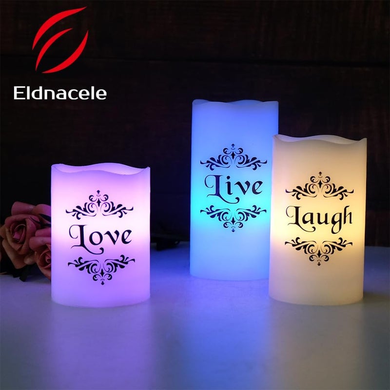 Eldnacele Color Changing Pillar Candles Battery Operated Flickering Flameless Candles Multi Colored with Remote Control Timer  Live Love Laugh Candle Gifts Decor D3 x H4 5 6 - Image 5