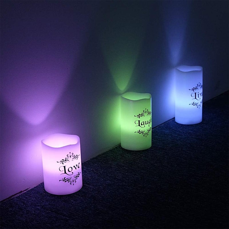 Eldnacele Color Changing Pillar Candles Battery Operated Flickering Flameless Candles Multi Colored with Remote Control Timer  Live Love Laugh Candle Gifts Decor D3 x H4 5 6 - Image 3