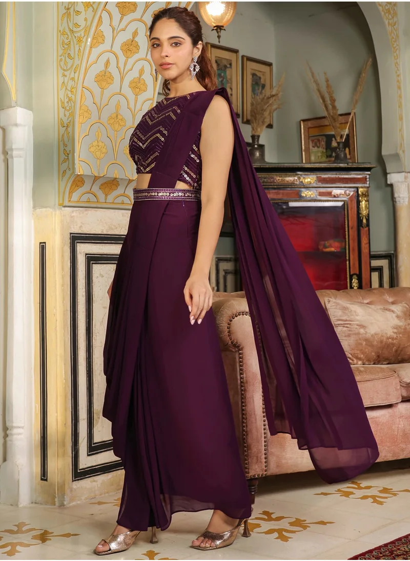 كولابا Purple Weightless Georgette Sequined Wrap Saree With Top