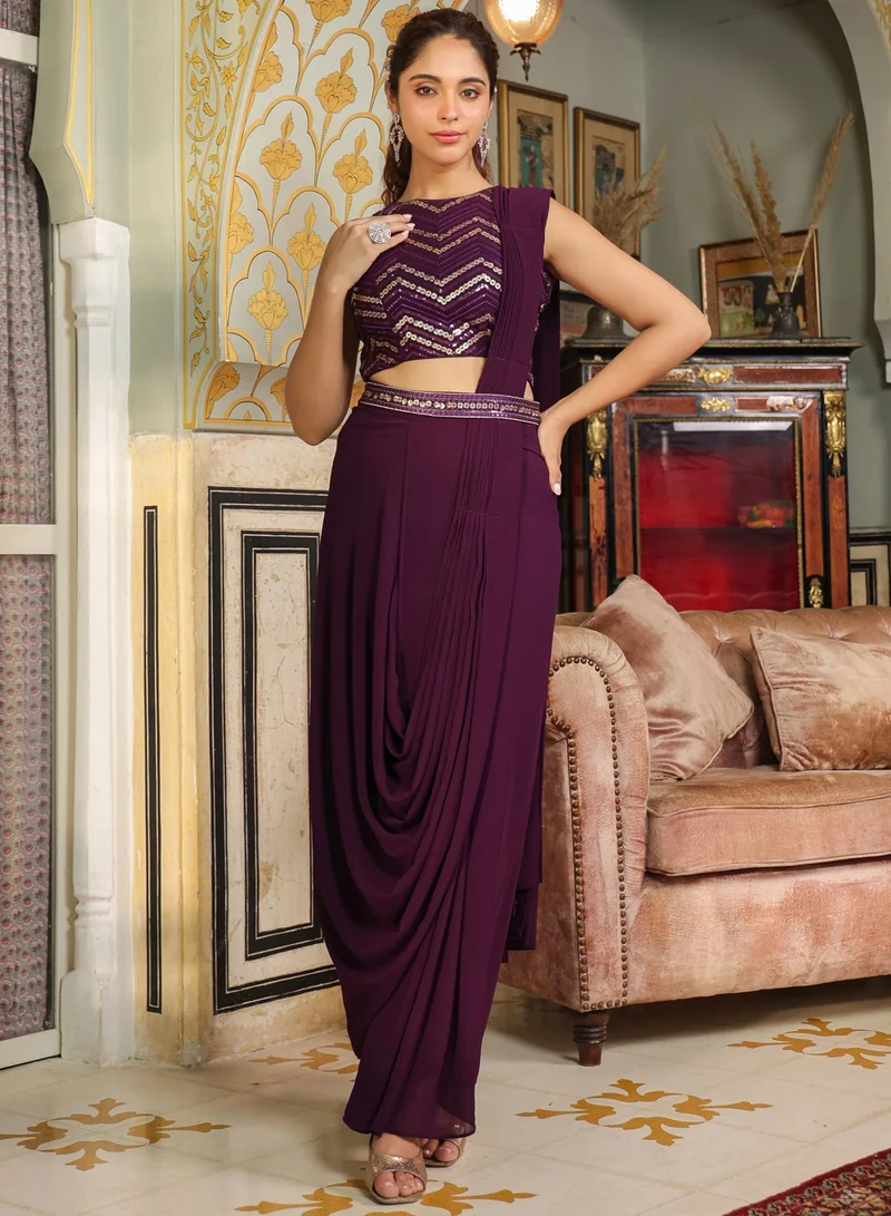 kolaba Purple Weightless Georgette Sequined Wrap Saree With Top
