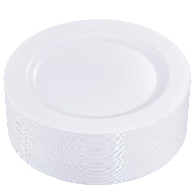 I00000 50Pcs White Plastic Dinner Plates 1025 Inch Premium Disposable Party Plates Safe and Reusable Heavy Duty Plastic Plates Perfect for Wedding  Party